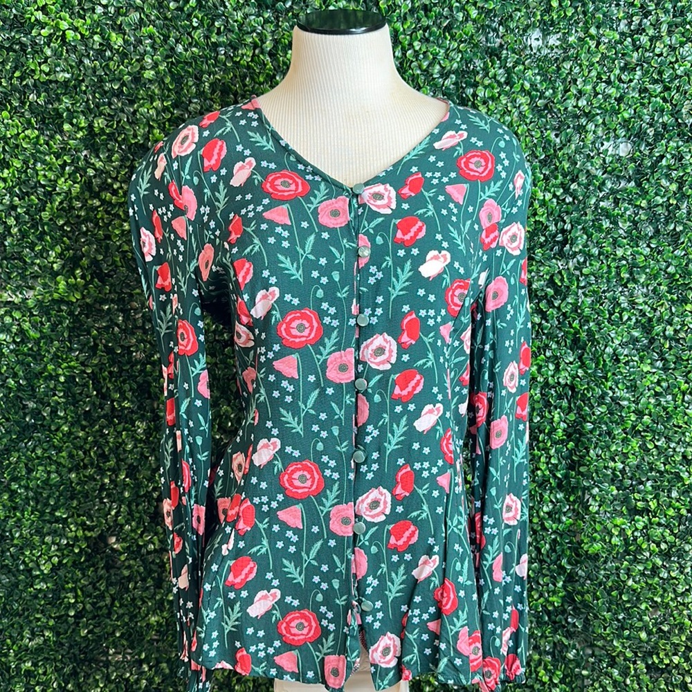 Green floral button down top